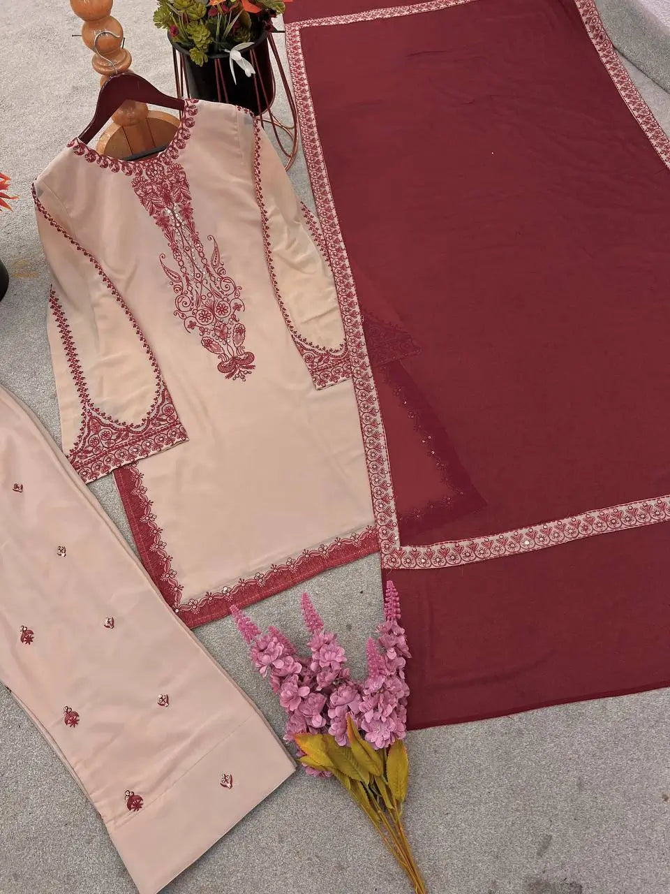 Embroidered Faux Georgette Suit Set with Dupatta