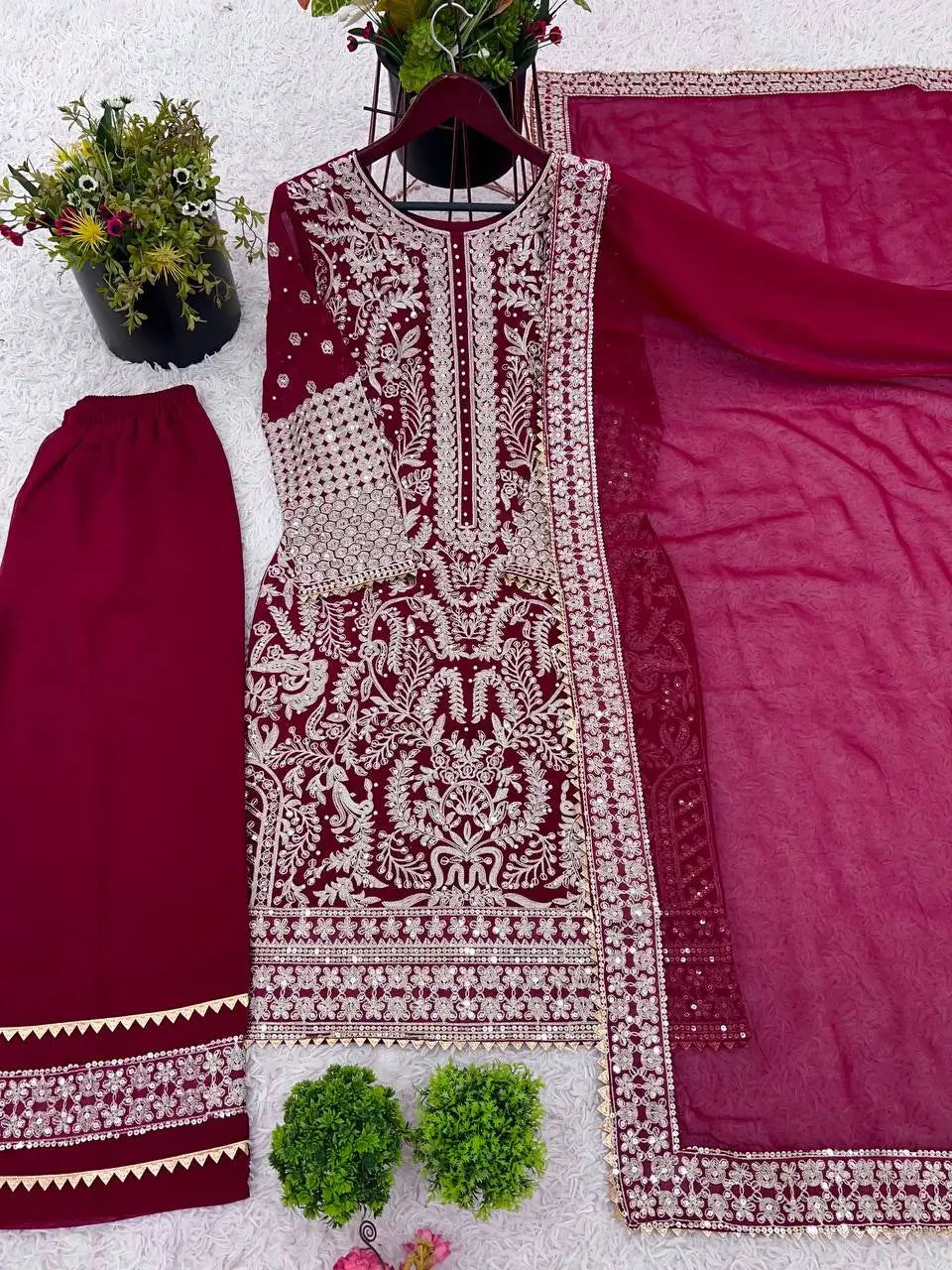 Embroidered Faux Georgette Suit Set with Dupatta