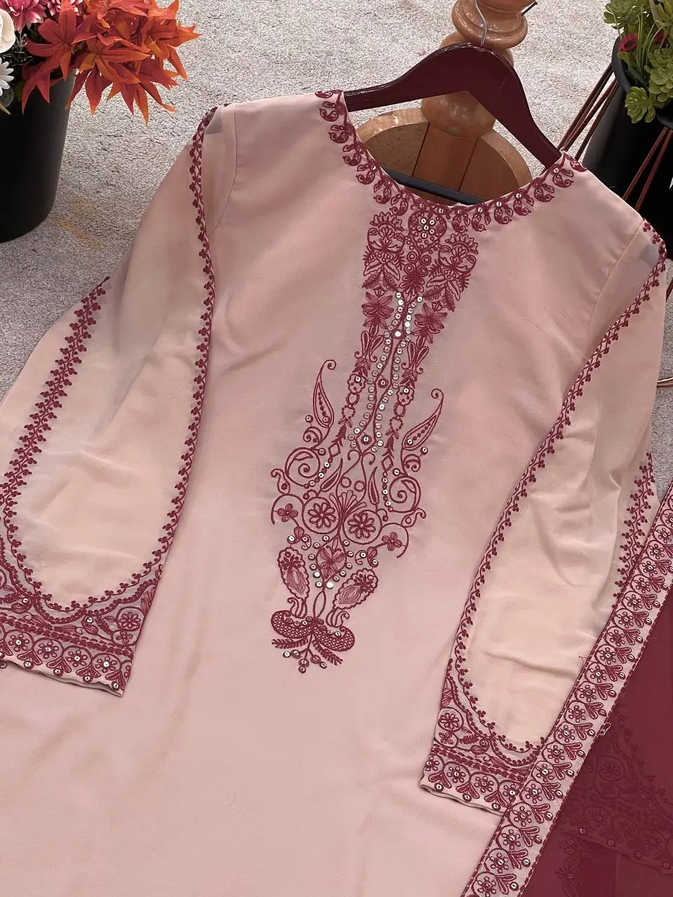 Embroidered Faux Georgette Suit Set with Dupatta