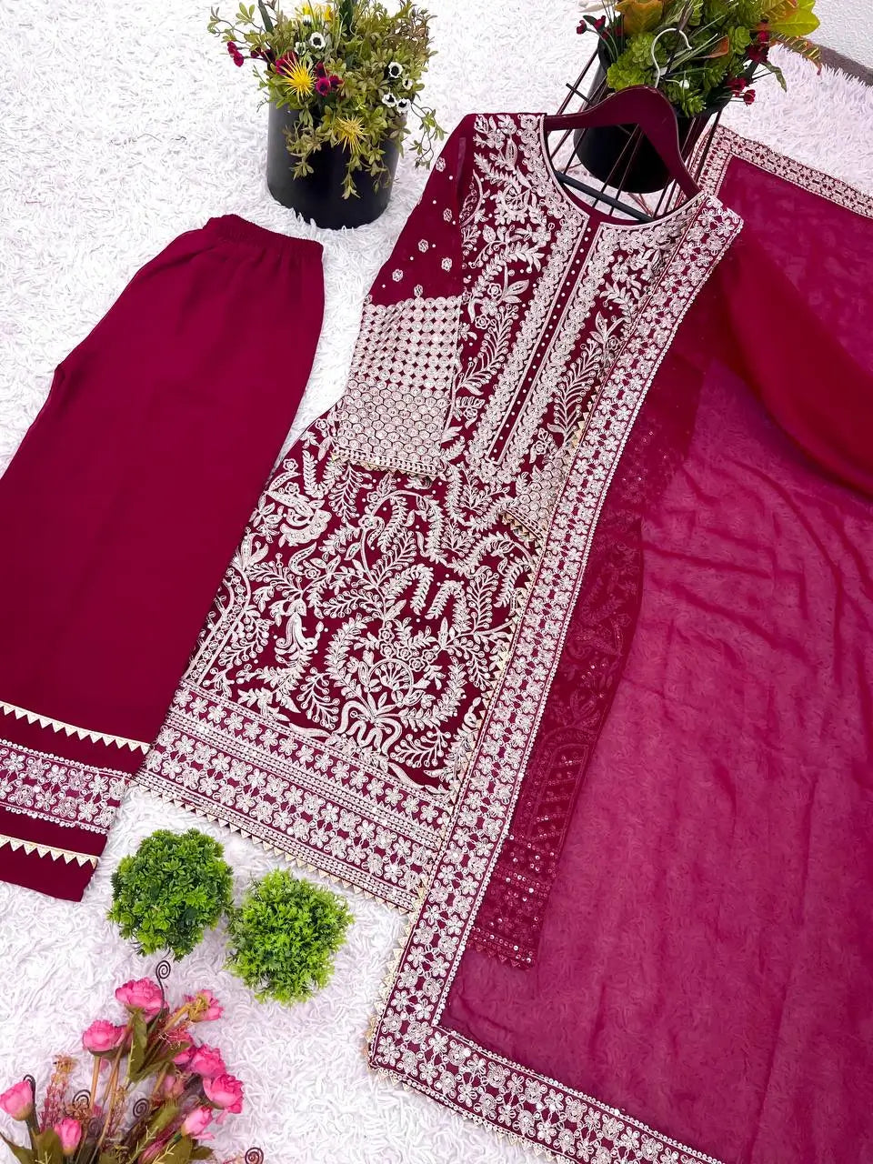 Embroidered Faux Georgette Suit Set with Dupatta