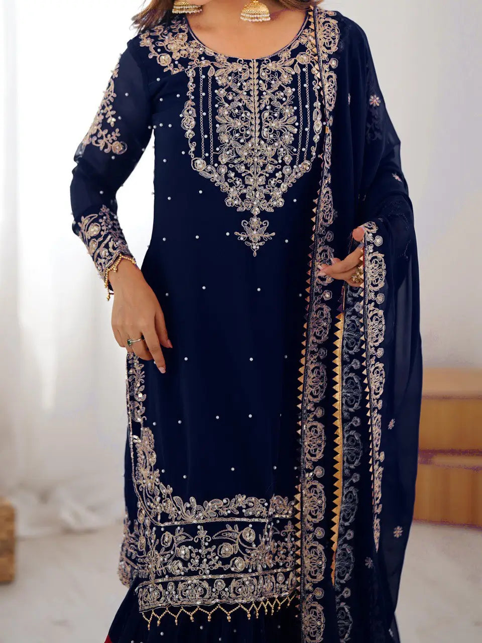 Embroidered Faux Georgette Suit Set with Dupatta