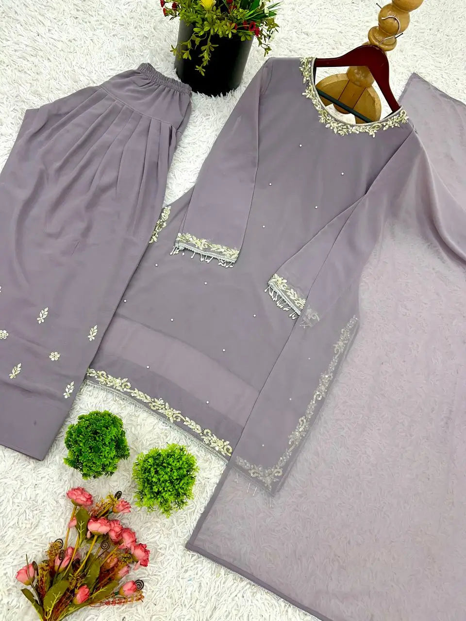 Embroidered Faux Georgette Suit Set with Dupatta