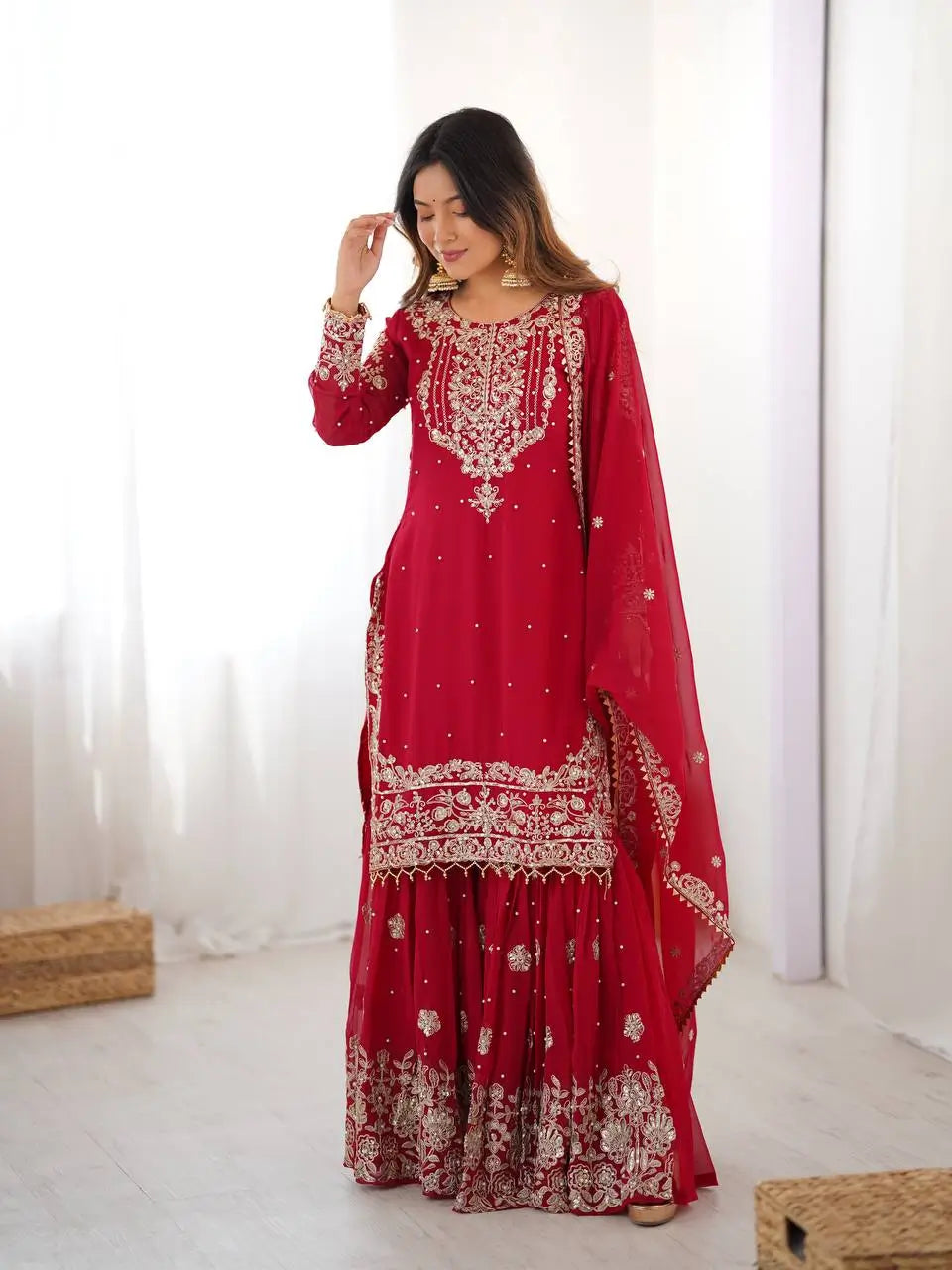 Embroidered Faux Georgette Suit Set with Dupatta