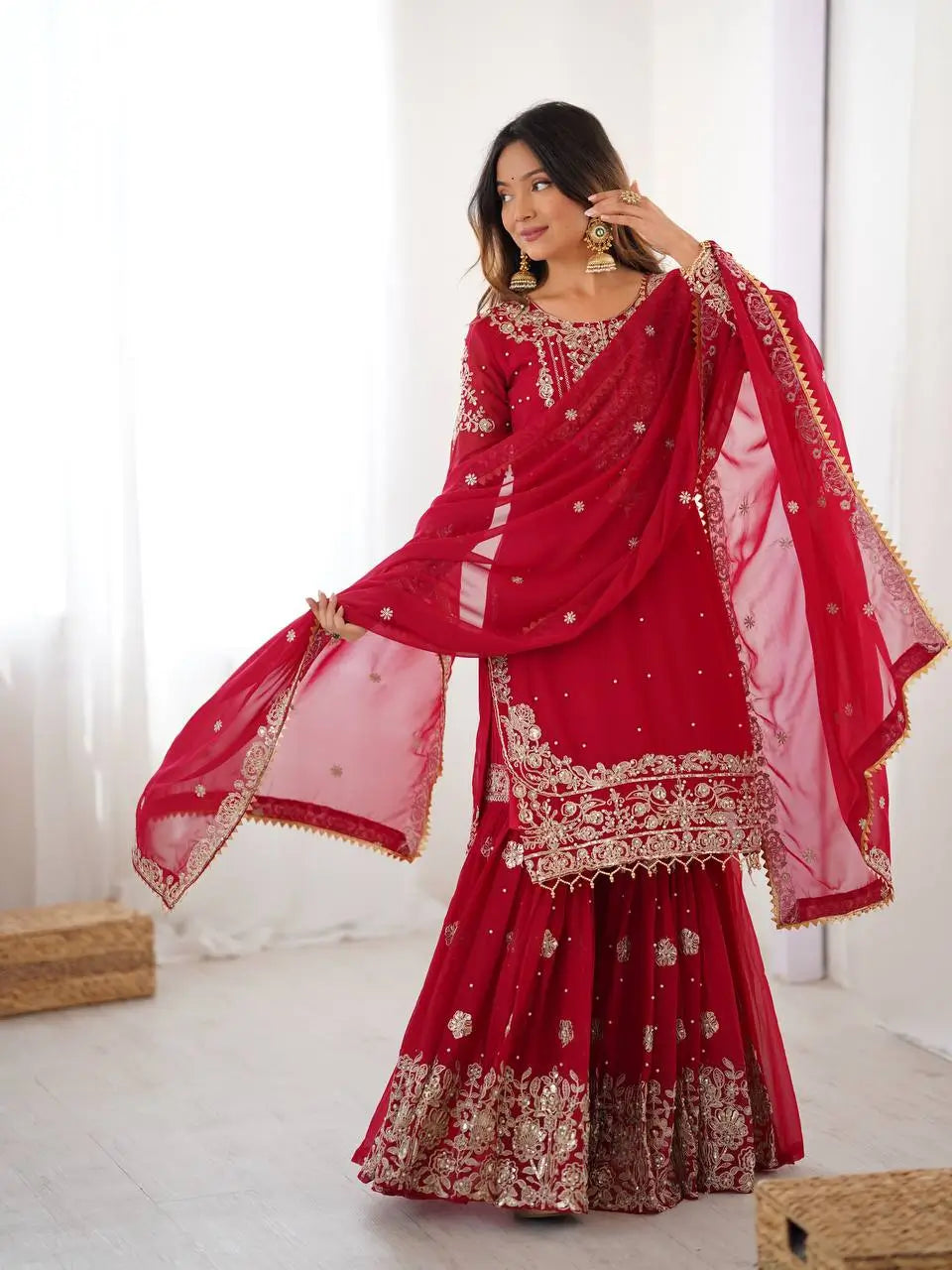 Embroidered Faux Georgette Suit Set with Dupatta