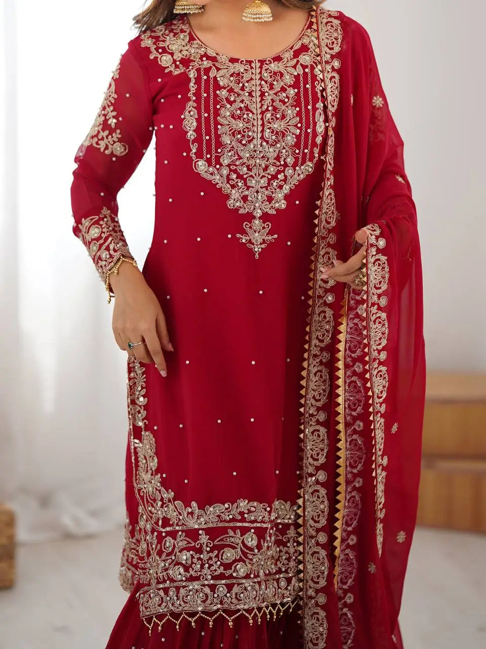Embroidered Faux Georgette Suit Set with Dupatta