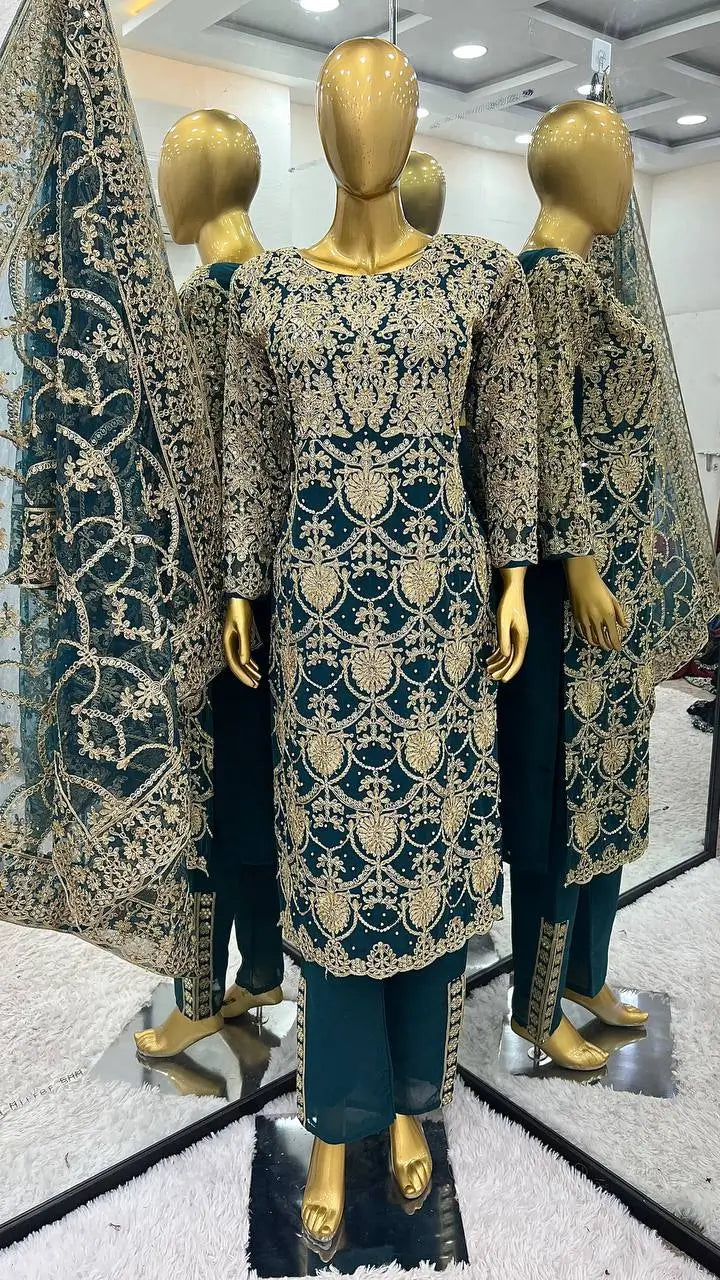 Embroidered Faux Georgette Suit Set with Dupatta