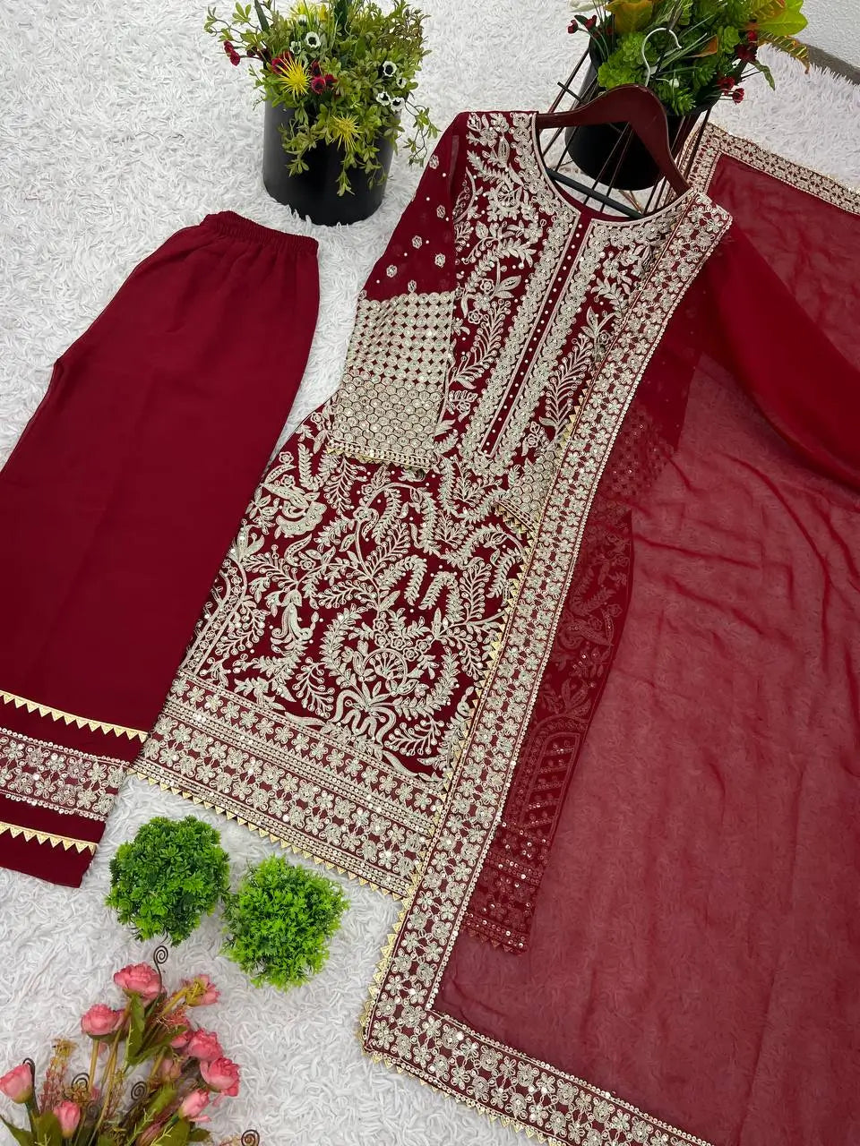 Embroidered Faux Georgette Suit Set with Dupatta
