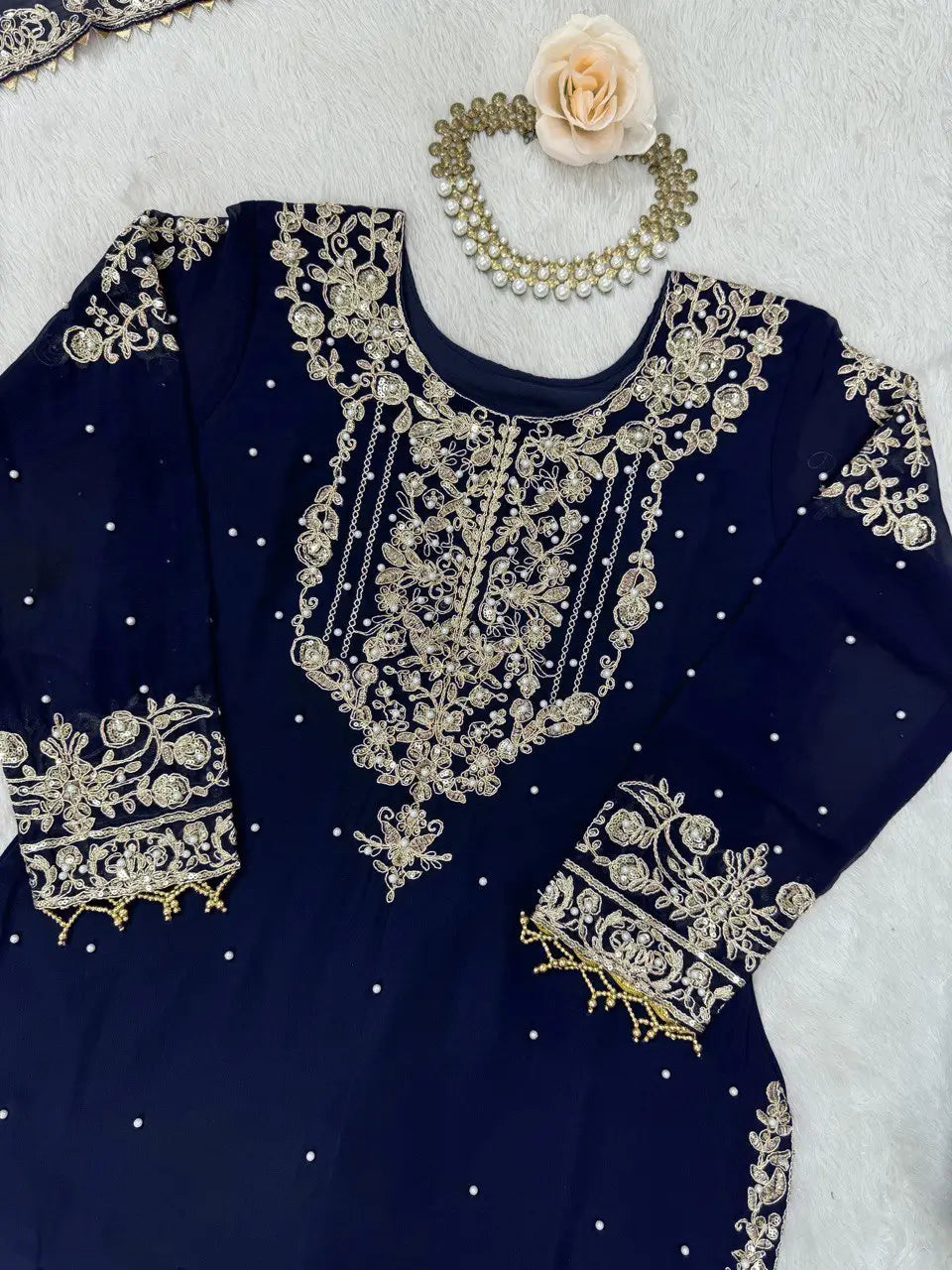 Embroidered Faux Georgette Suit Set with Dupatta