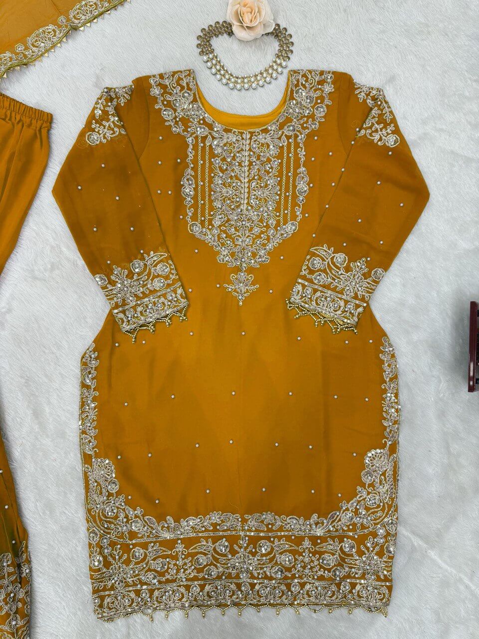 Embroidered Faux Georgette Suit Set with Dupatta