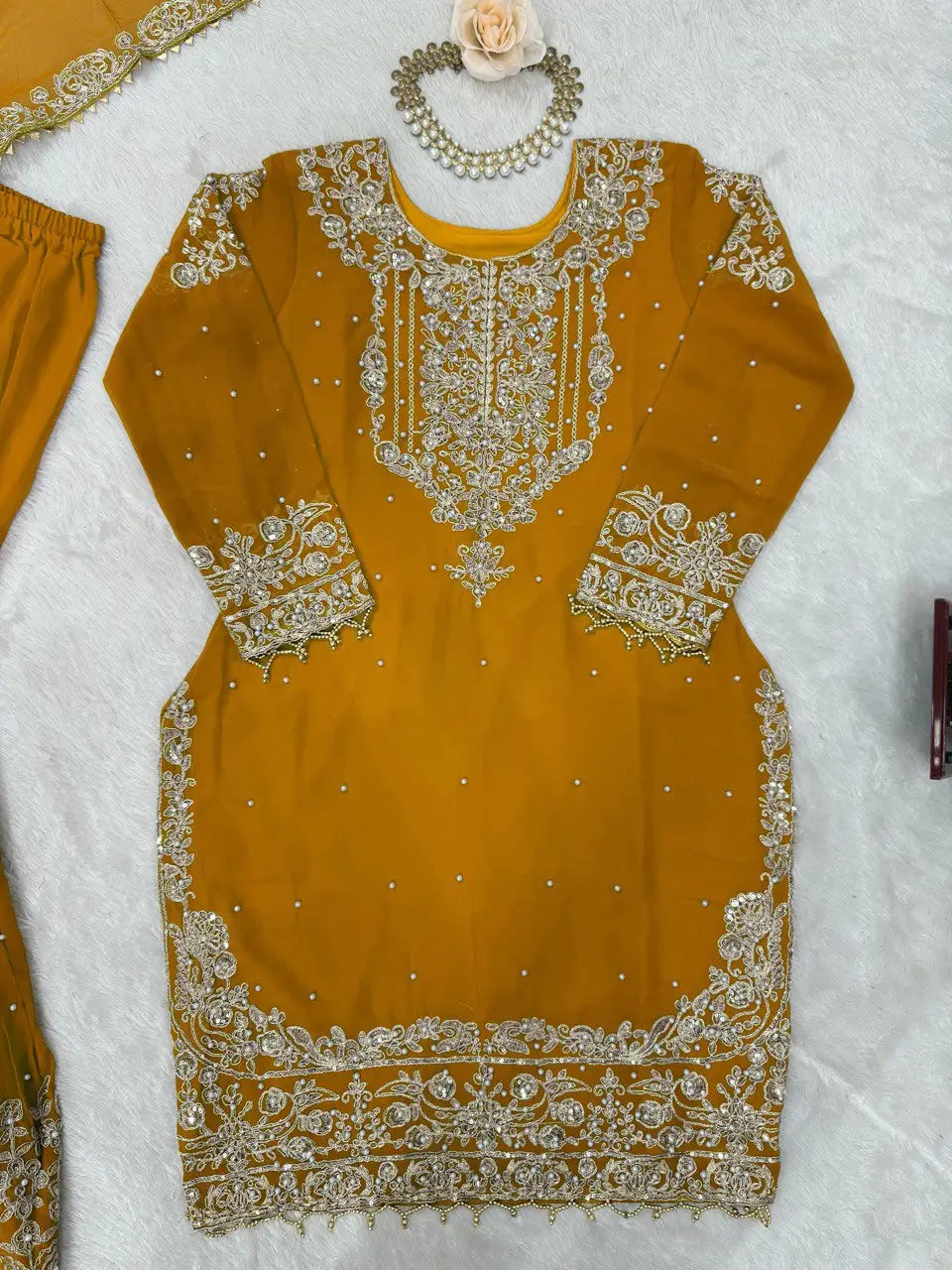 Embroidered Faux Georgette Suit Set with Dupatta