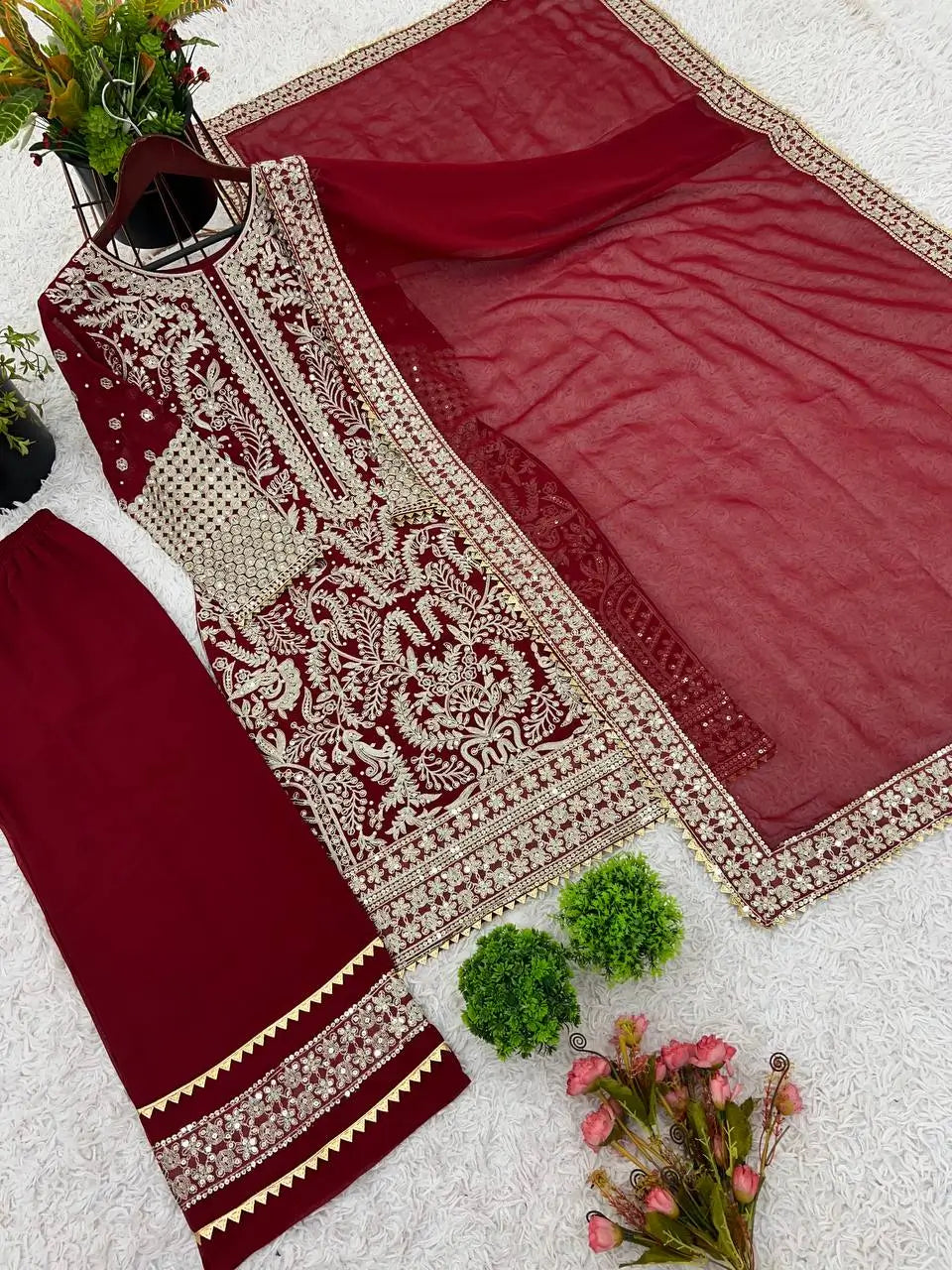 Embroidered Faux Georgette Suit Set with Dupatta