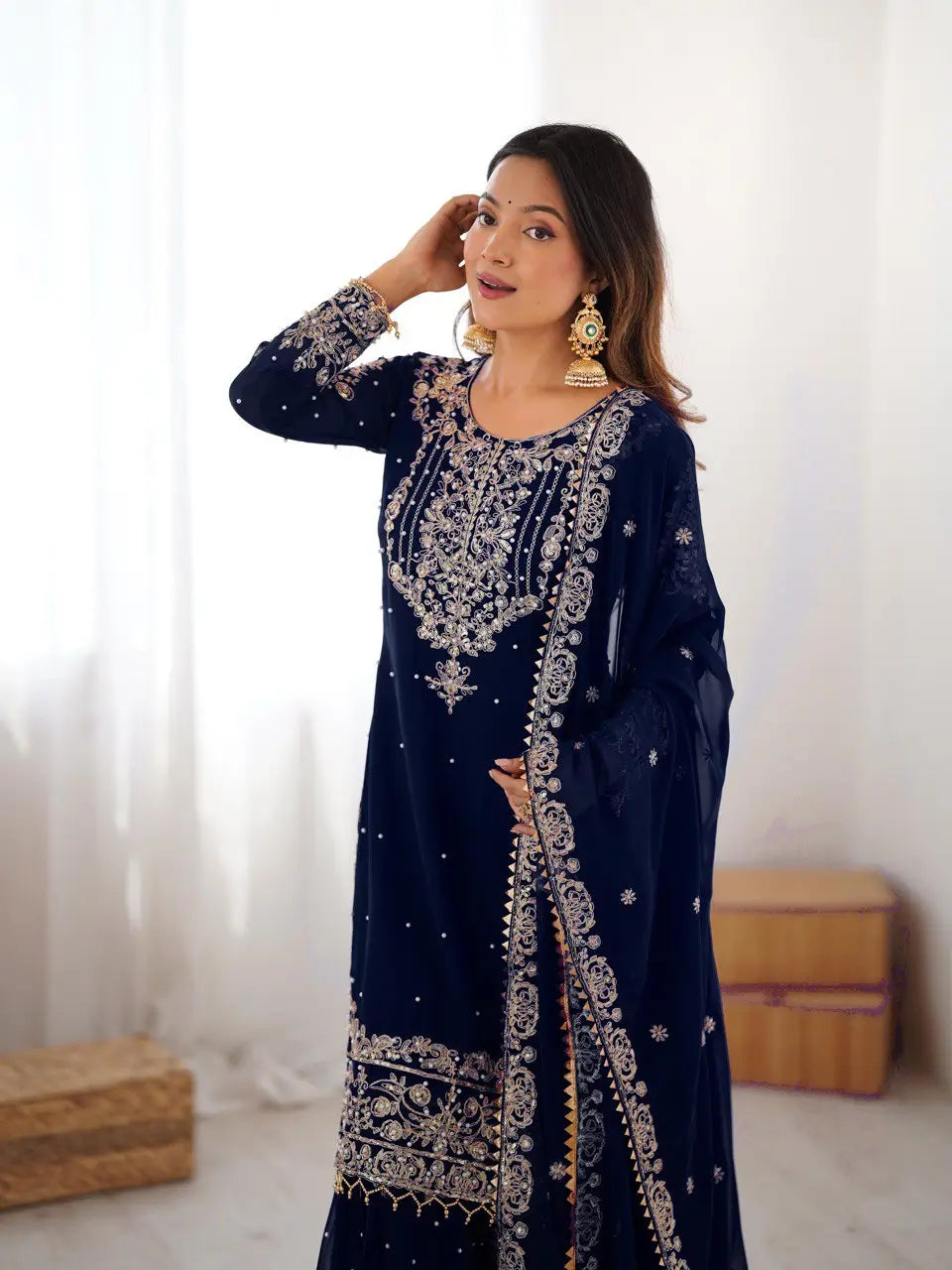 Embroidered Faux Georgette Suit Set with Dupatta