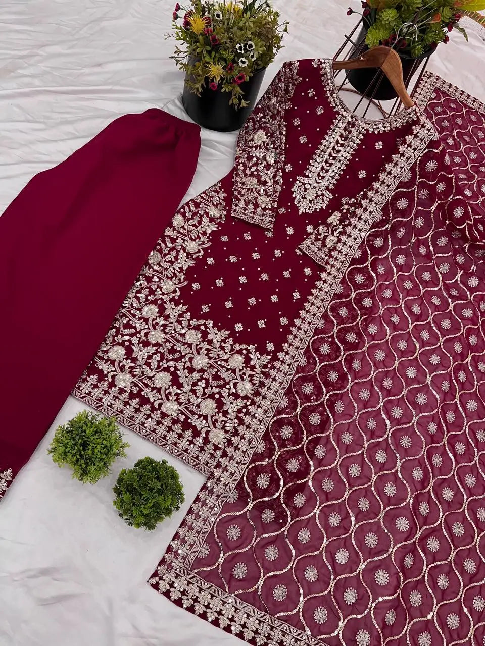 Embroidered Faux Georgette Suit Set with Dupatta