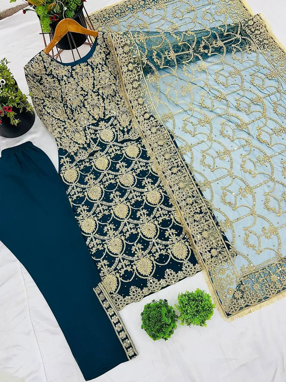 Embroidered Faux Georgette Suit Set with Dupatta