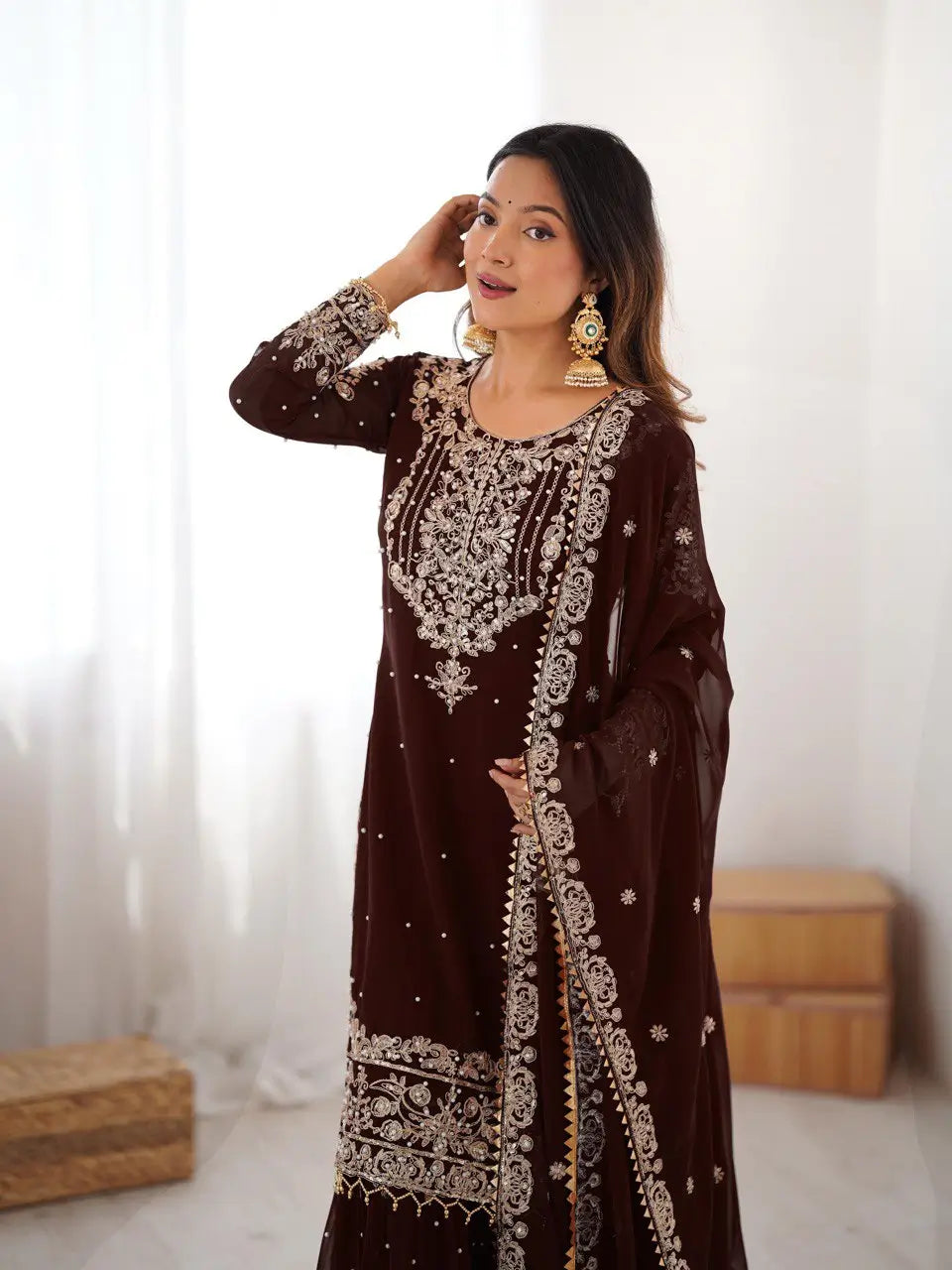 Embroidered Faux Georgette Suit Set with Dupatta