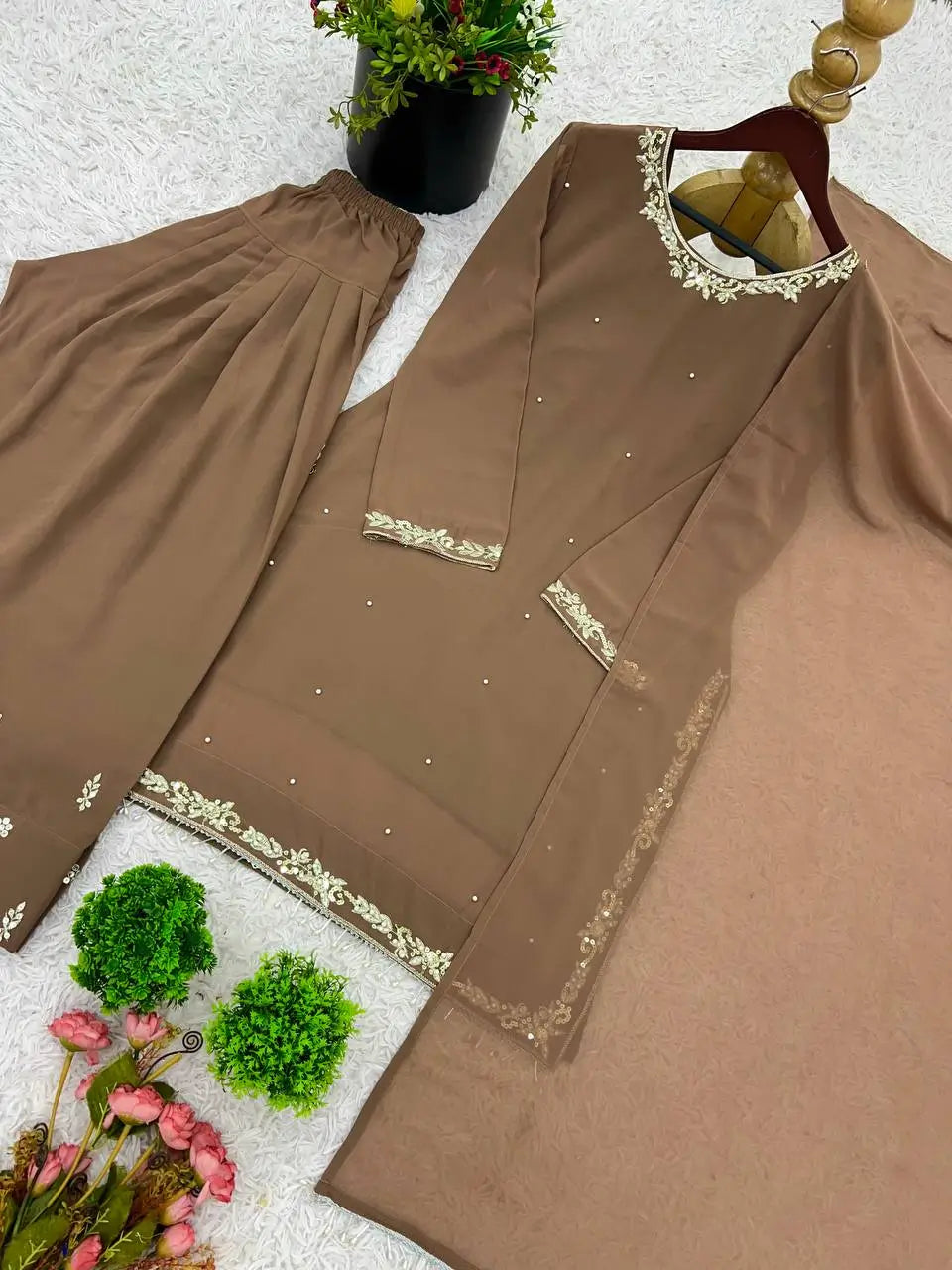 Embroidered Faux Georgette Suit Set with Dupatta