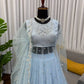Embroidered Faux Georgette blue Gown Lehenga Dupatta Set