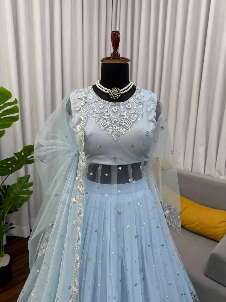 Embroidered Faux Georgette blue Gown Lehenga Dupatta Set