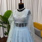 Embroidered Faux Georgette blue Gown Lehenga Dupatta Set