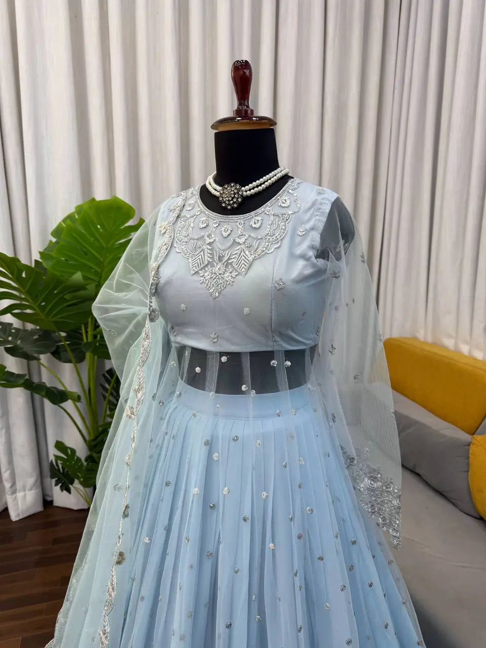 Embroidered Faux Georgette blue Gown Lehenga Dupatta Set
