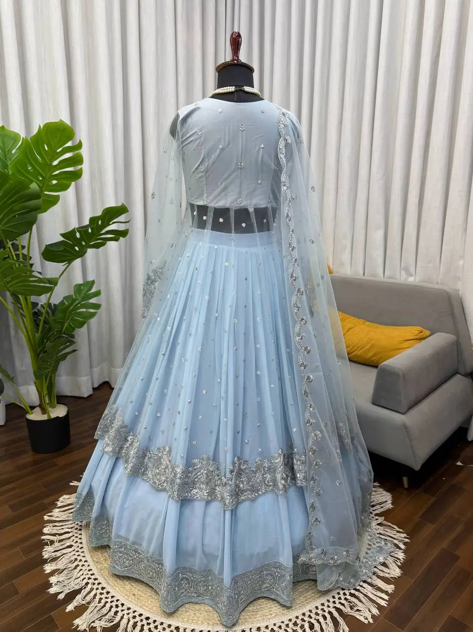 Embroidered Faux Georgette blue Gown Lehenga Dupatta Set