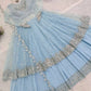 Embroidered Faux Georgette blue Gown Lehenga Dupatta Set