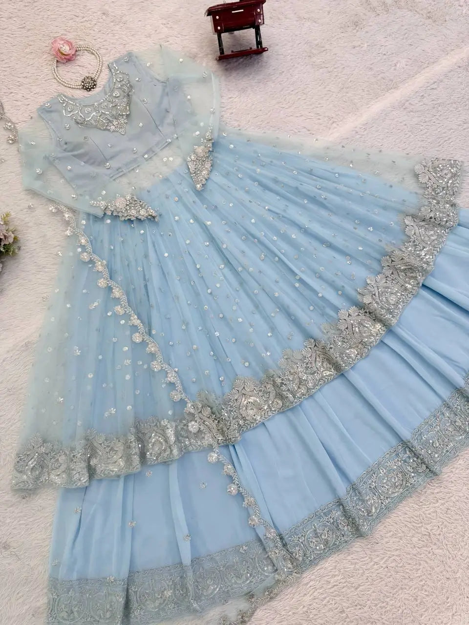 Embroidered Faux Georgette blue Gown Lehenga Dupatta Set
