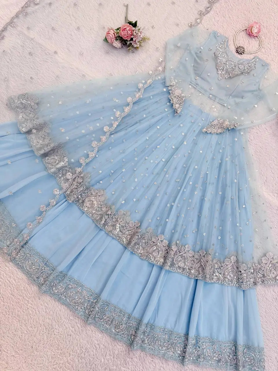 Embroidered Faux Georgette blue Gown Lehenga Dupatta Set