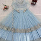 Embroidered Faux Georgette blue Gown Lehenga Dupatta Set
