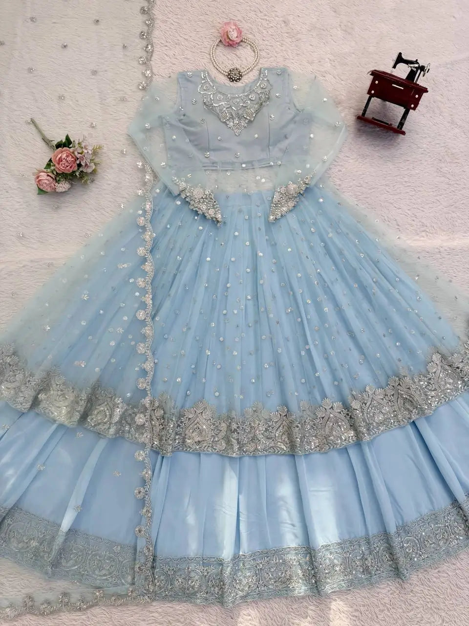 Embroidered Faux Georgette blue Gown Lehenga Dupatta Set
