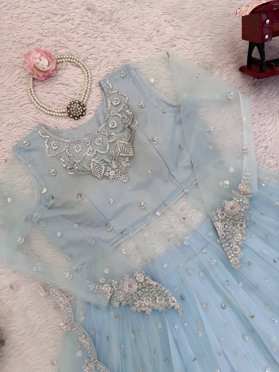 Embroidered Faux Georgette blue Gown Lehenga Dupatta Set