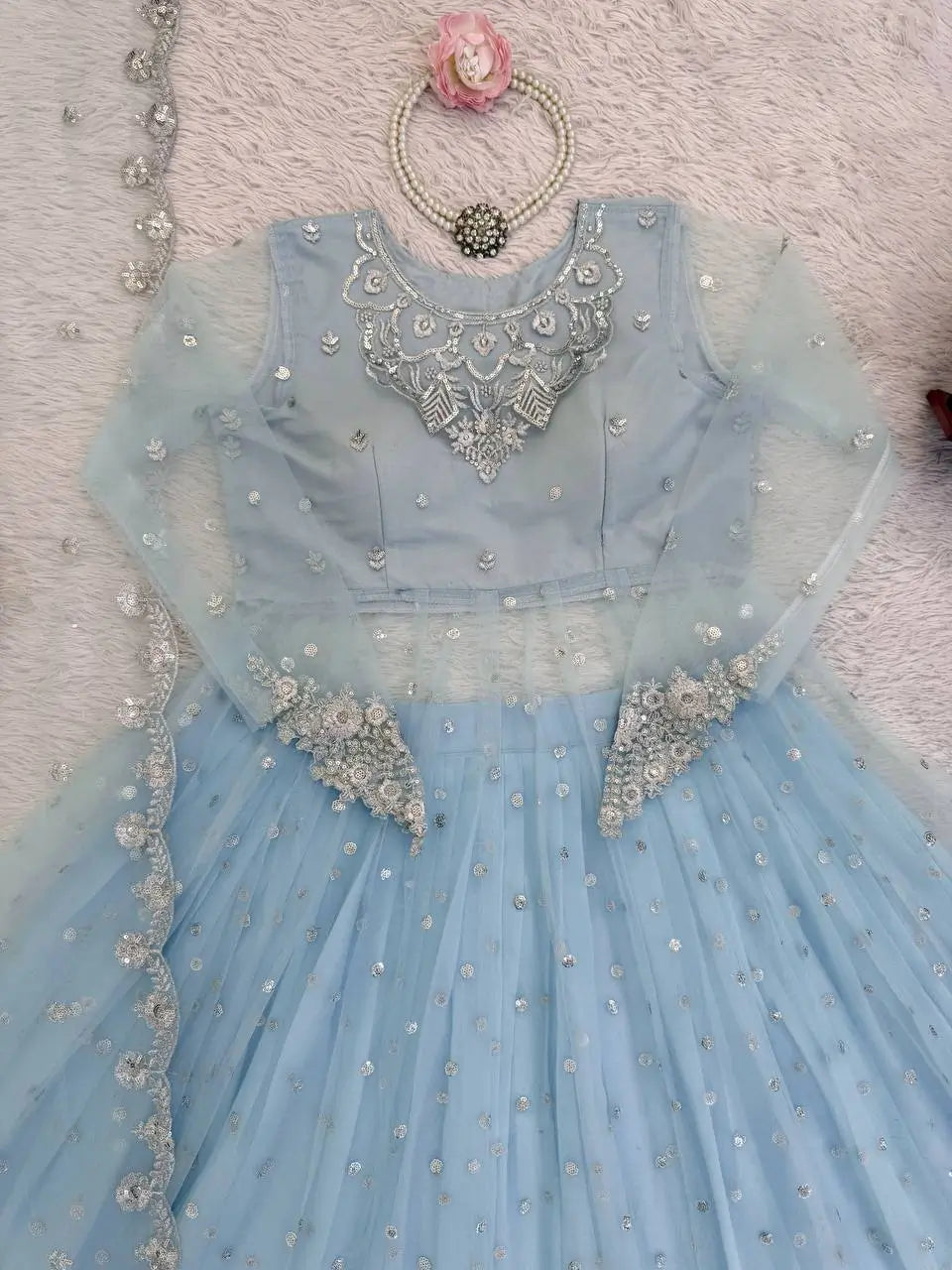 Embroidered Faux Georgette blue Gown Lehenga Dupatta Set