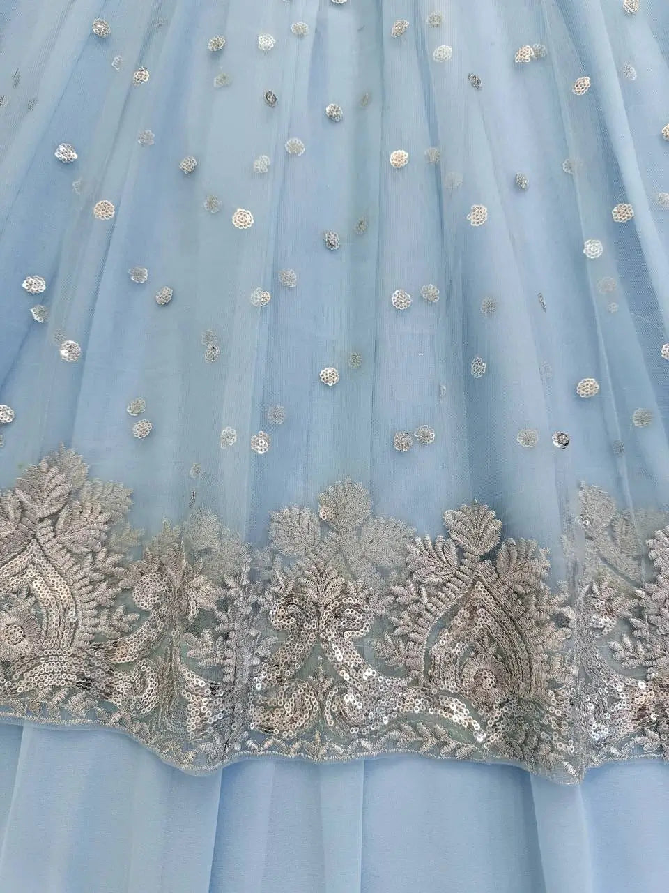 Embroidered Faux Georgette blue Gown Lehenga Dupatta Set