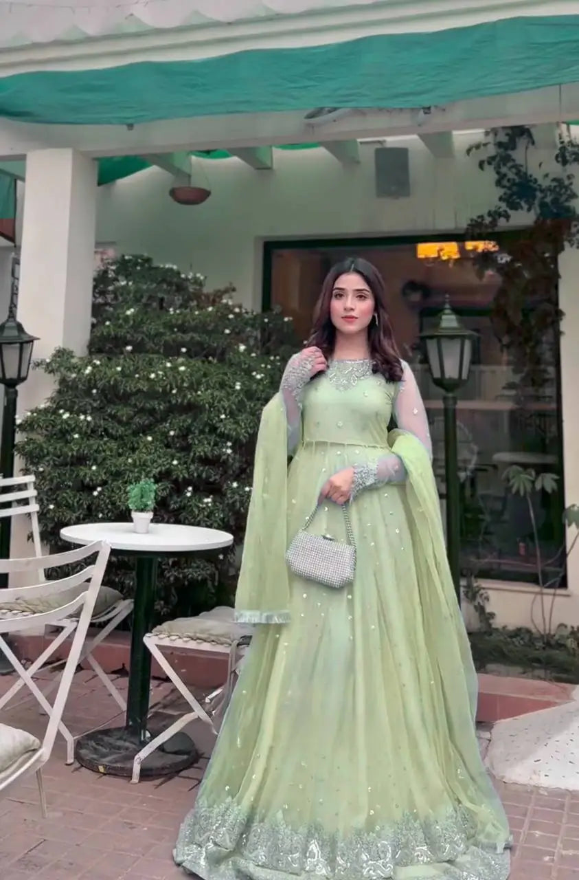 Embroidered Faux Georgette blue Gown Lehenga Dupatta Set