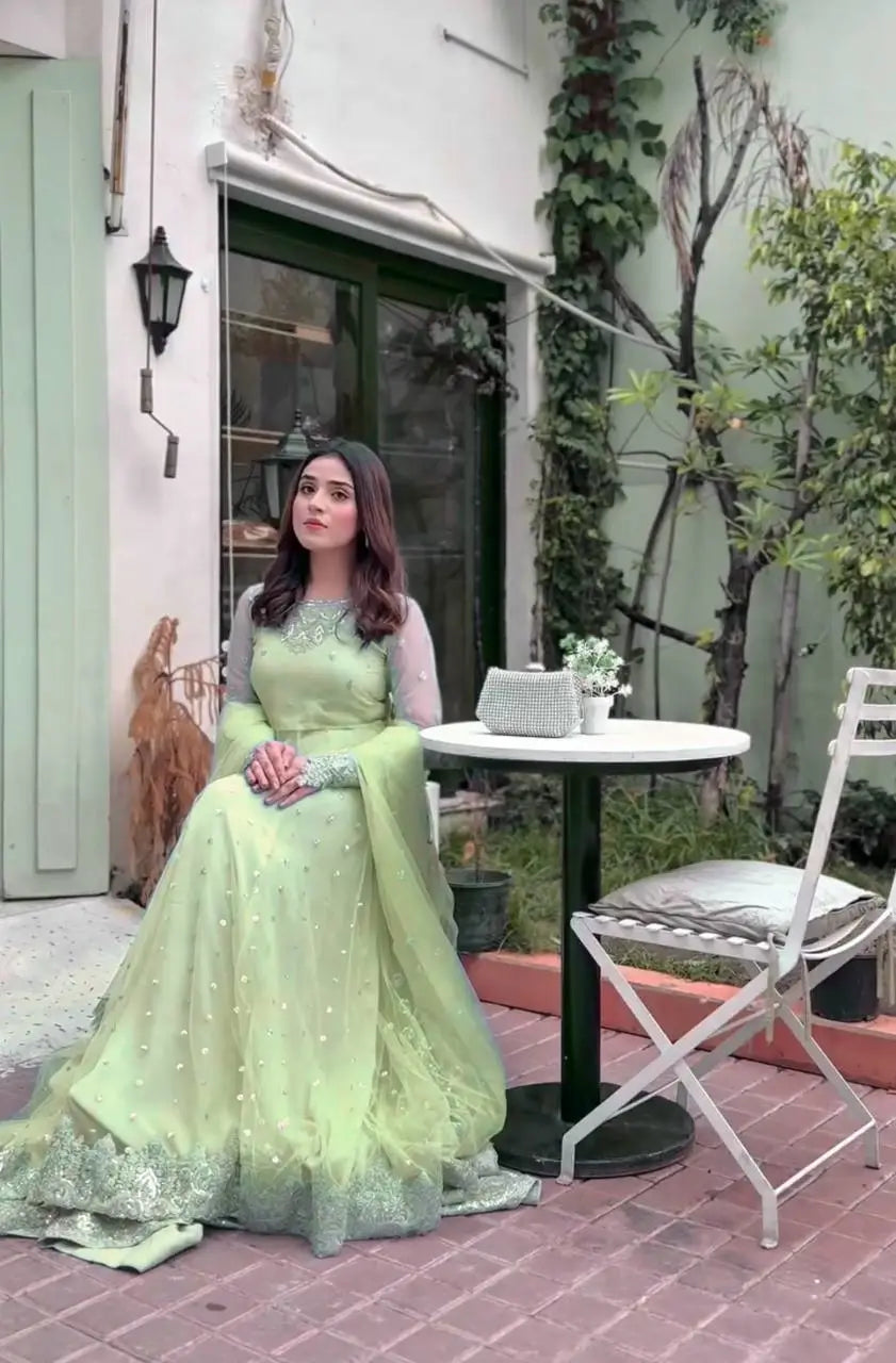 Embroidered Faux Georgette blue Gown Lehenga Dupatta Set