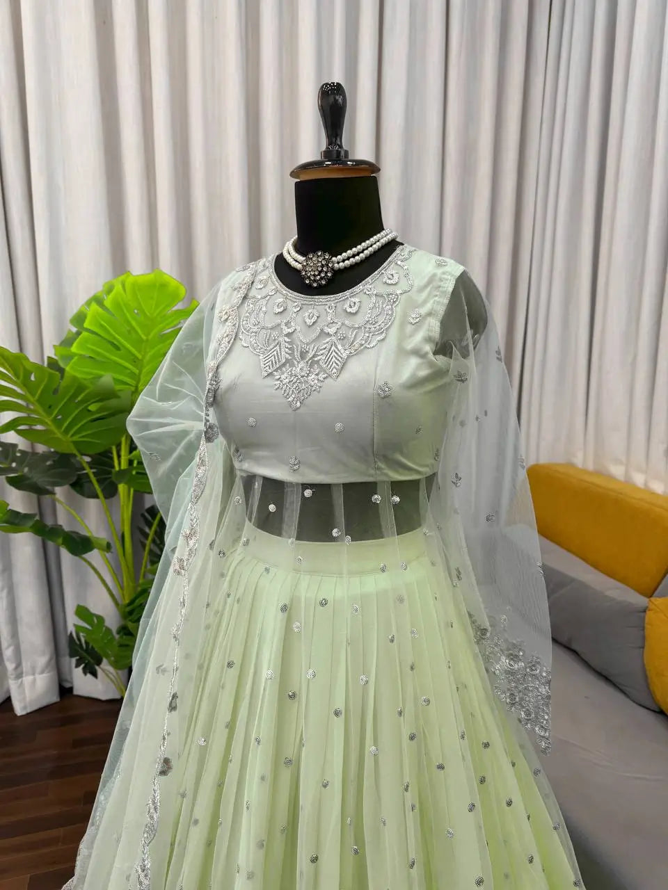 Embroidered Faux Georgette blue Gown Lehenga Dupatta Set