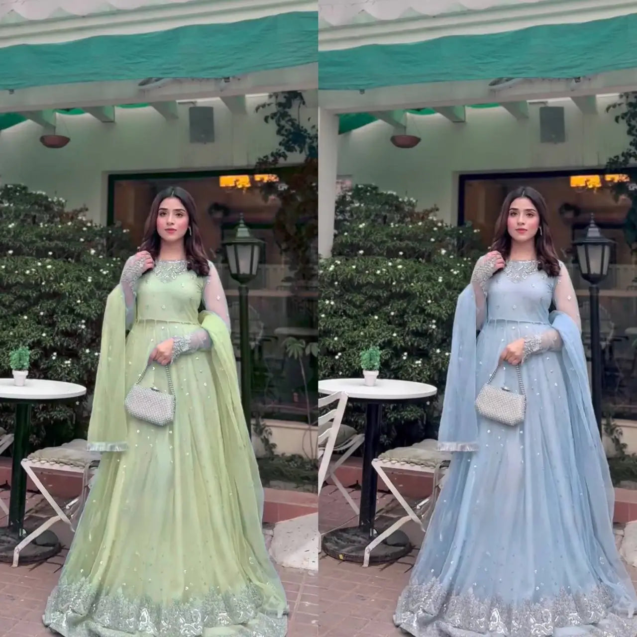 Embroidered Faux Georgette blue Gown Lehenga Dupatta Set