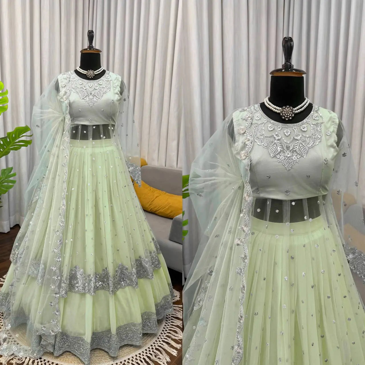 Embroidered Faux Georgette blue Gown Lehenga Dupatta Set
