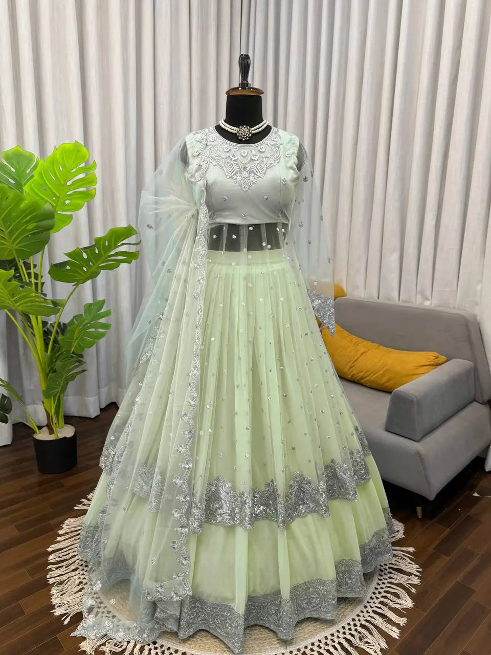 Embroidered Faux Georgette blue Gown Lehenga Dupatta Set
