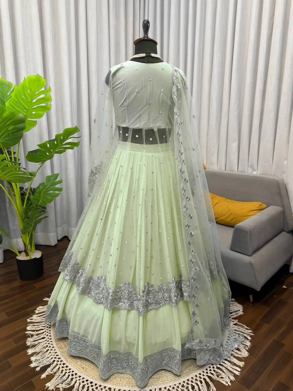 Embroidered Faux Georgette blue Gown Lehenga Dupatta Set