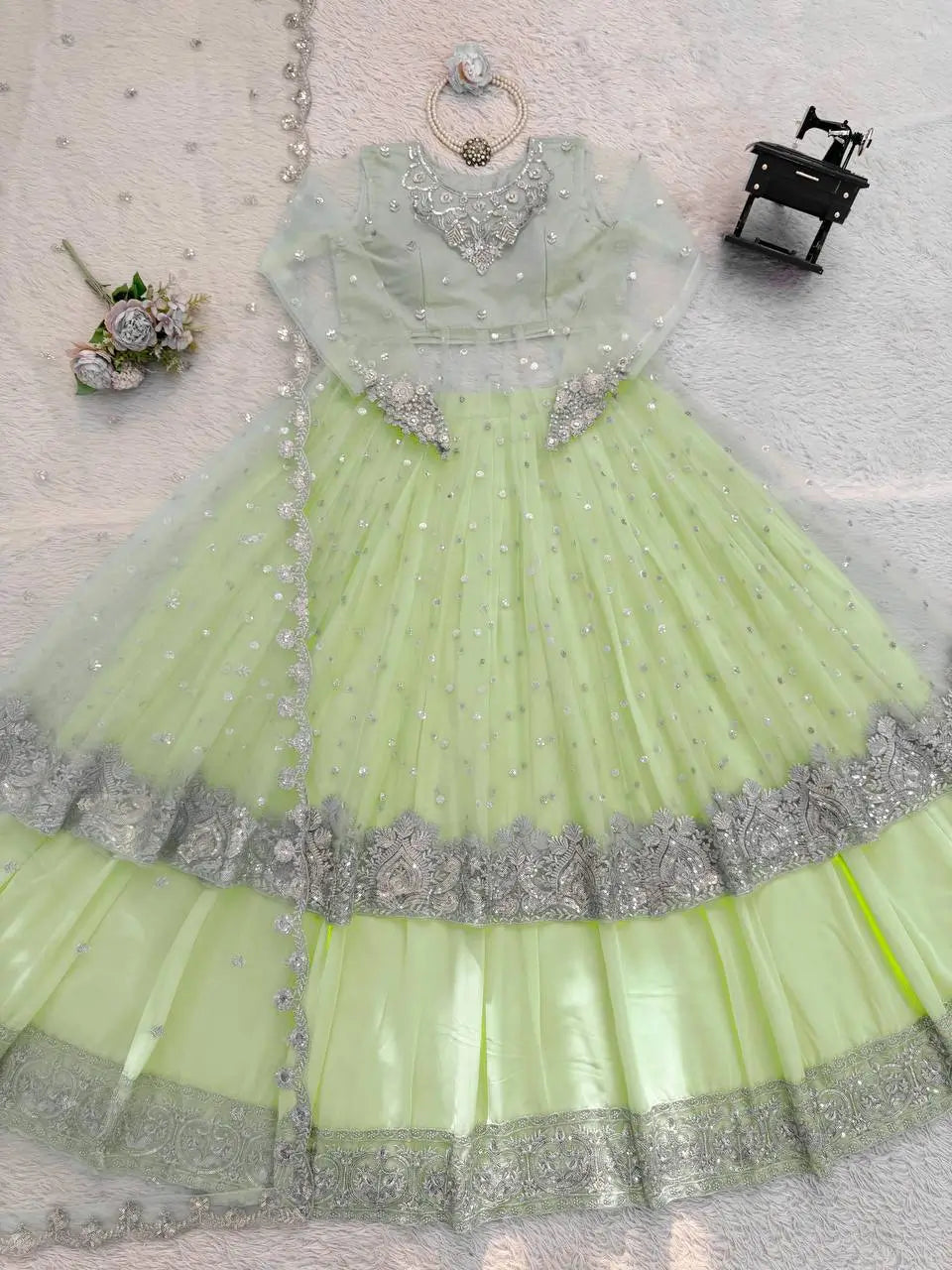 Embroidered Faux Georgette blue Gown Lehenga Dupatta Set
