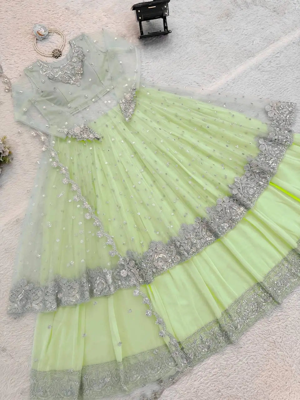 Embroidered Faux Georgette blue Gown Lehenga Dupatta Set