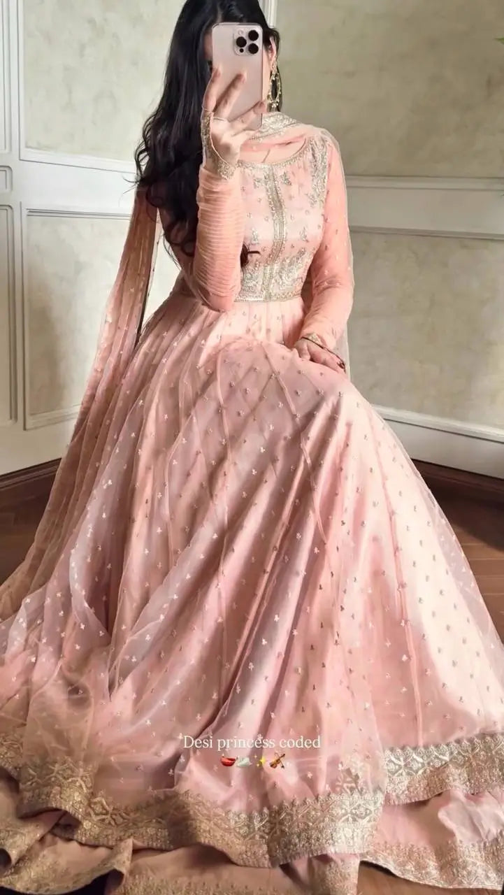 Embroidered Faux Georgette blue Gown Lehenga Dupatta Set