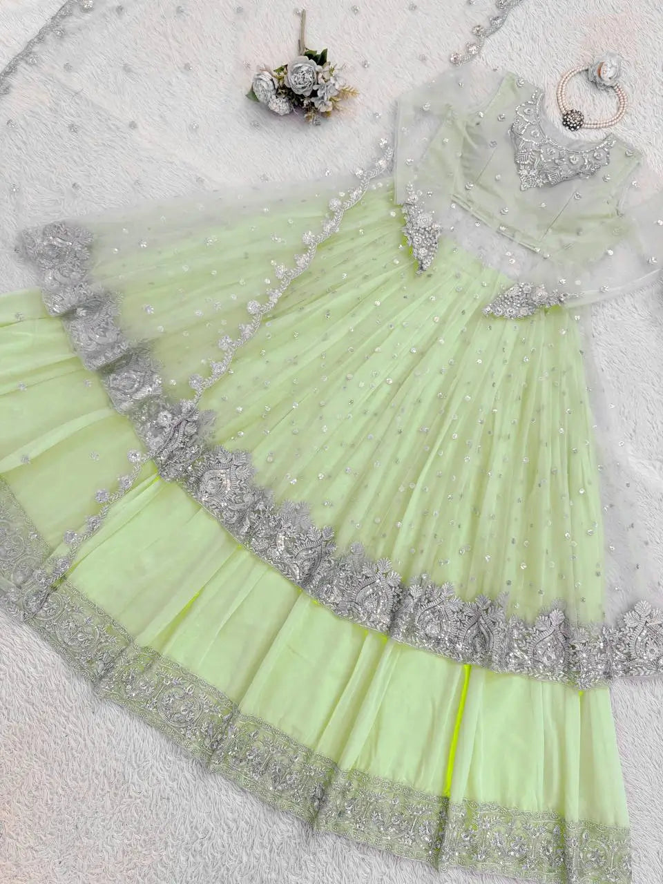 Embroidered Faux Georgette blue Gown Lehenga Dupatta Set