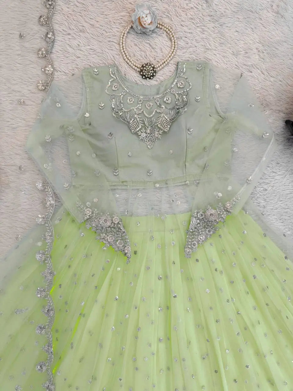 Embroidered Faux Georgette blue Gown Lehenga Dupatta Set