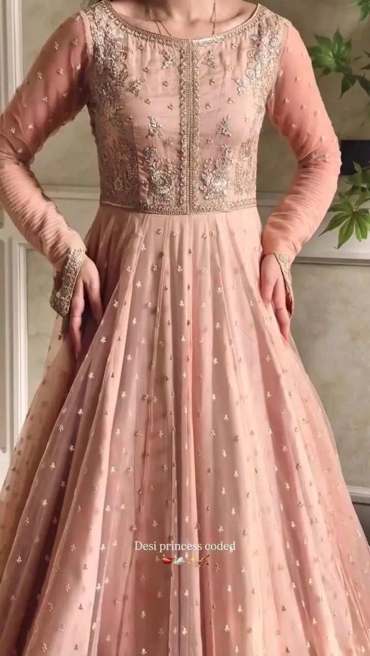 Embroidered Faux Georgette blue Gown Lehenga Dupatta Set