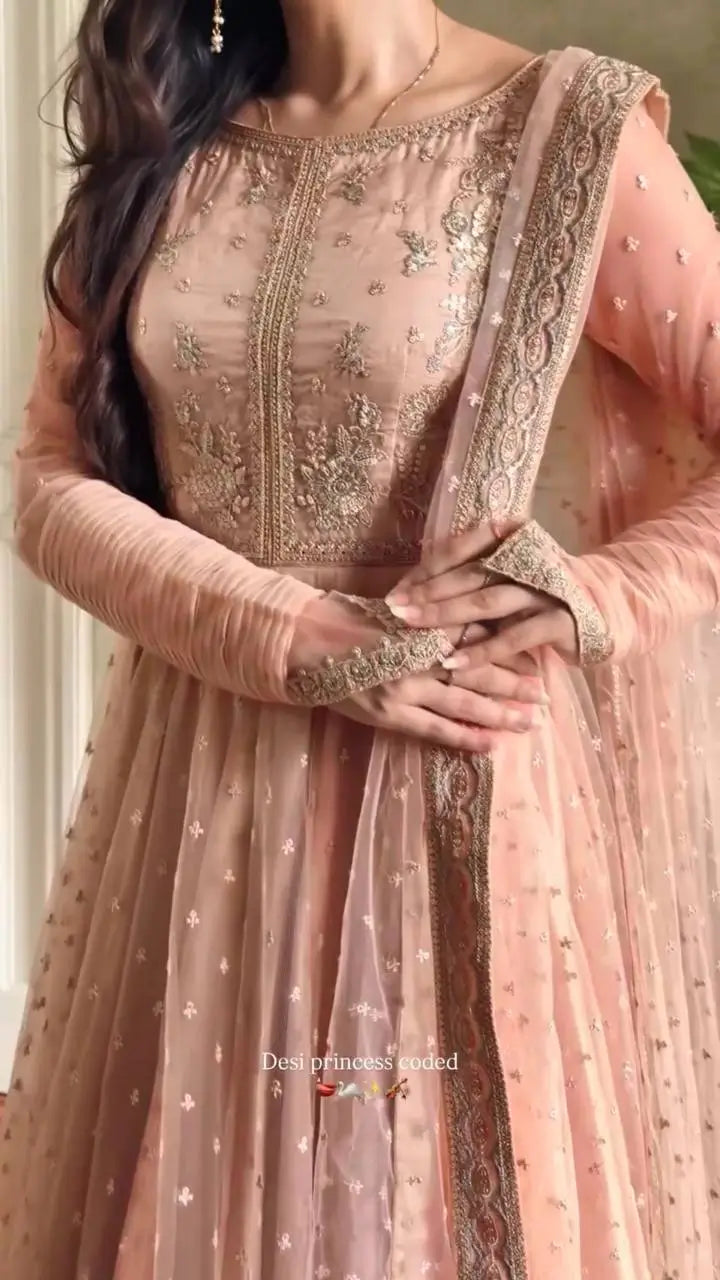 Embroidered Faux Georgette blue Gown Lehenga Dupatta Set