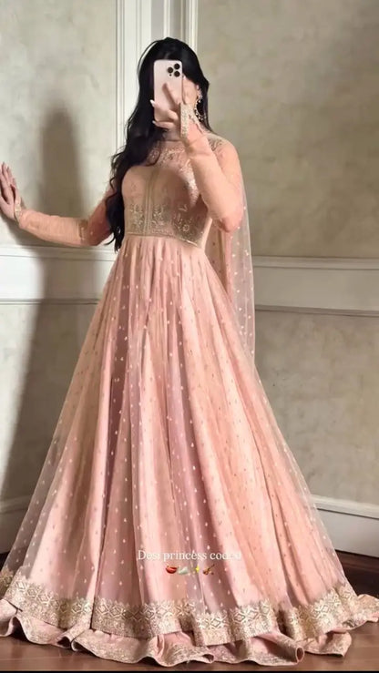 Embroidered Faux Georgette blue Gown Lehenga Dupatta Set
