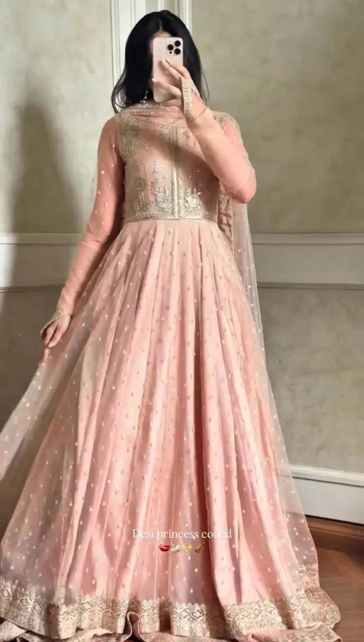 Embroidered Faux Georgette blue Gown Lehenga Dupatta Set