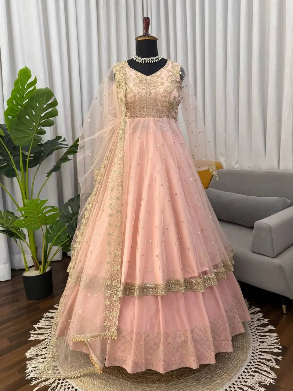 Embroidered Faux Georgette blue Gown Lehenga Dupatta Set